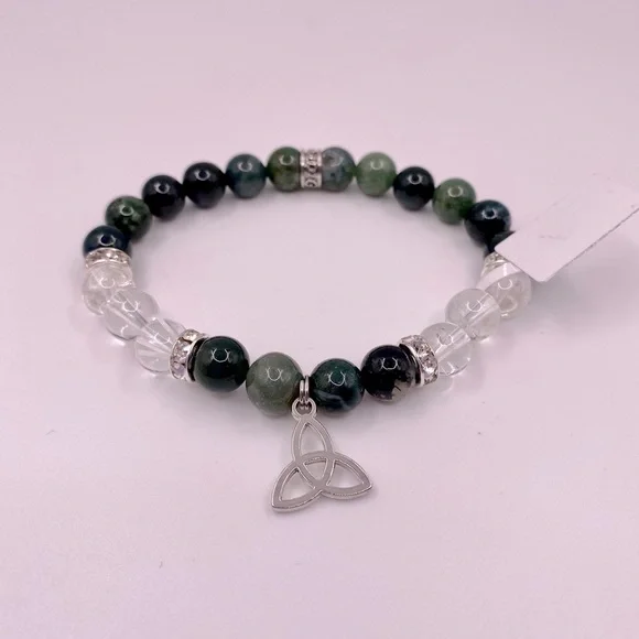 Celtic bracelet with green moss agate and clear quartz. NWT - Picture 1 of 5